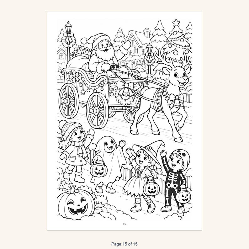 May include: A black and white coloring page illustration featuring Santa Claus in a sleigh pulled by a reindeer, with four children in Halloween costumes holding jack-o'-lantern buckets below. The scene includes a large pumpkin and houses.