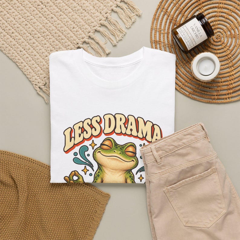 Less Drama More Karma T-Shirt, Meditating Frog Graphic Tee, Funny Yoga Shirt, Zen Frog Lover Gift for Her, Positive Vibes Tee, Spiritual image 5
