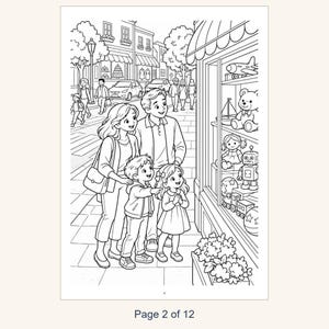 Puede incluir: Una ilustraci&oacute;n en blanco y negro para colorear que muestra a una familia de cuatro personas en una acera mirando el escaparate de una jugueter&iacute;a con un oso de peluche, un robot, un velero, un avi&oacute;n de juguete y un tren.