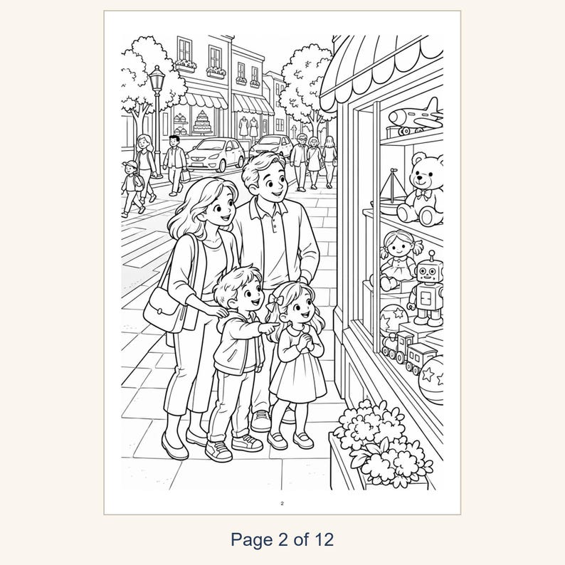 Puede incluir: Una ilustraci&oacute;n en blanco y negro para colorear que muestra a una familia de cuatro personas en una acera mirando el escaparate de una jugueter&iacute;a con un oso de peluche, un robot, un velero, un avi&oacute;n de juguete y un tren.