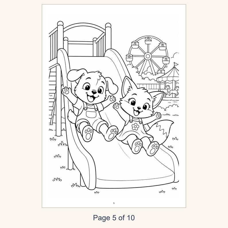 Kids Coloring Book Printable, Cute Animals at the Amusement Park Coloring Pages, 10 Page PDF for Children, Instant Download Kids Activity image 7