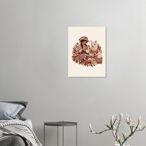 Andean spinner with alpaca and yarn baskets, folk art poster. A wall art print featuring an illustration of a person wearing a patterned hat and poncho, knitting with white yarn next to a white llama.