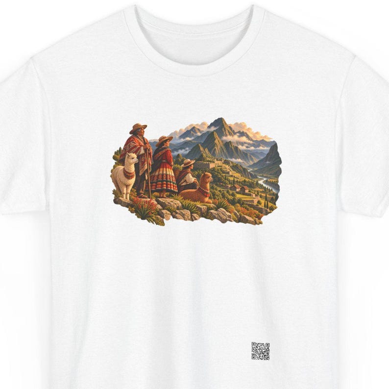Andean family t-shirt, Andean grandparents and a child with a white llama in the Andes, front print of the t-shirt.