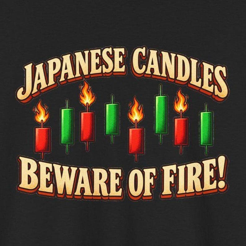 May include: A black graphic featuring the text JAPANESE CANDLES in a curved beige font above a row of red and green candlestick chart icons, with some red candles topped by orange flames, and the text BEWARE OF FIRE! below in beige.