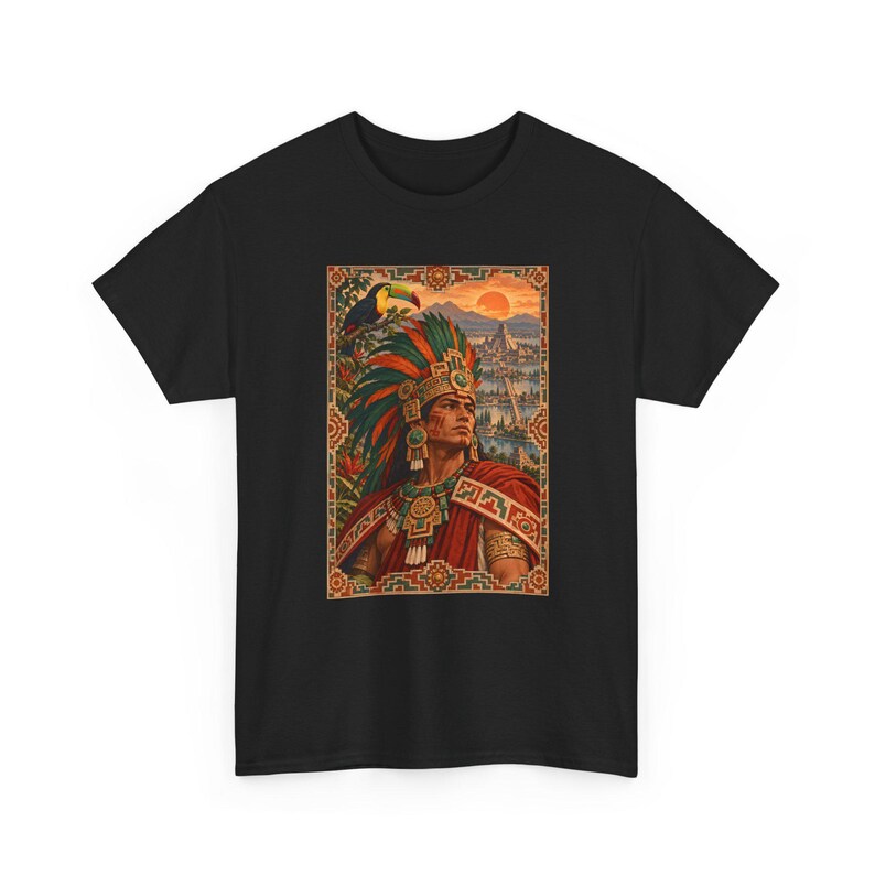 Aztec Warrior T-Shirt with Toucan and Tenochtitlan City, Mexican Heritage Graphic Tee, Chicano Art Shirt, Aztec History Gift for Dad image 13
