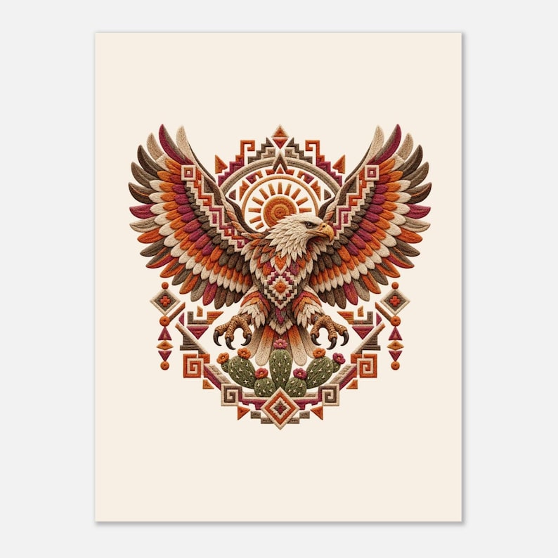 Impressão de arte folclórica mexicana, pôster de águia asteca e sol, decoração de parede de cacto imagem 4