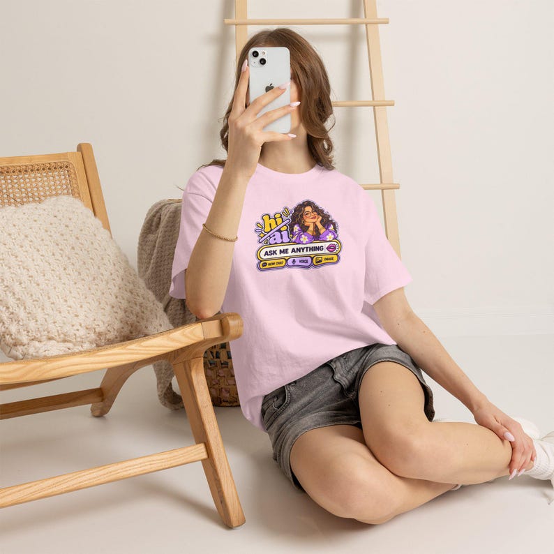 Funny AI Robot Chat T-Shirt, Curly Hair Woman, Purple Chat Box (100% Cotton) image 11