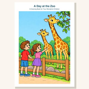 May include: A coloring book titled A Day at the Zoo: A Coloring Book for Your Wonderful Children. The cover features a cartoon illustration of two children standing by a wooden fence, pointing at two giraffes eating leaves from a tree.