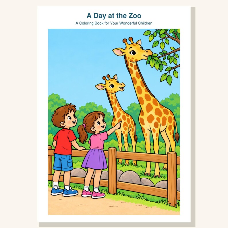 May include: A coloring book titled A Day at the Zoo: A Coloring Book for Your Wonderful Children. The cover features a cartoon illustration of two children standing by a wooden fence, pointing at two giraffes eating leaves from a tree.