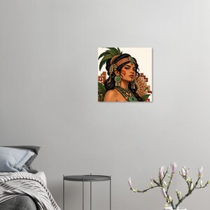 Mayan woman portrait with jade earrings and red face paint, square poster. A square wall art print featuring a portrait of a person with dark hair adorned with green feathers and a decorative headband.