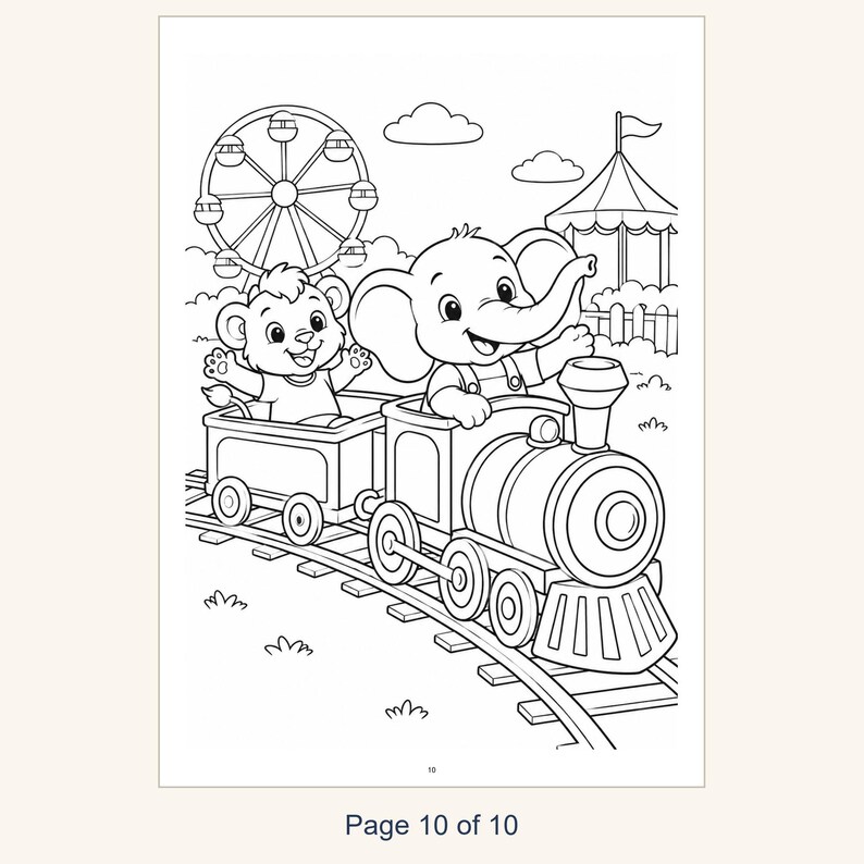 Kids Coloring Book Printable, Cute Animals at the Amusement Park Coloring Pages, 10 Page PDF for Children, Instant Download Kids Activity image 12