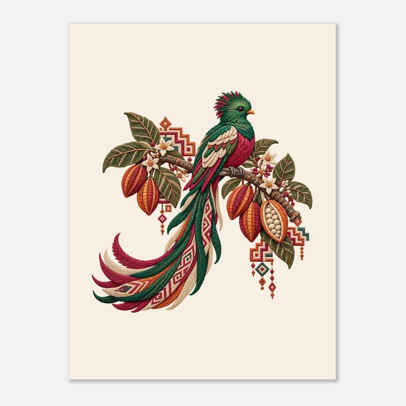 Resplendent Quetzal Poster, Guatemala Folk Art Print, Bird and Cacao Wall Decor image 8