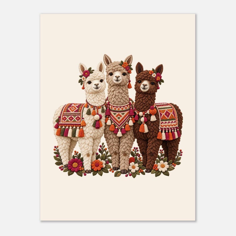 Three Alpacas Poster, Peruvian Folk Art Print, Llama Lover Gift, Andean Wall Decor image 6