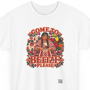 Belize toucan shirt, Come to Belize Please rhyme with a toucan and a weaver, front print of the t-shirt. A white t-shirt featuring a graphic illustration of a person weaving at a loom, surrounded by a llama, a toucan, and floral motifs.