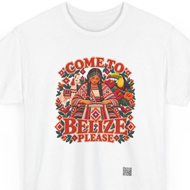 Belize toucan shirt, Come to Belize Please rhyme with a toucan and a weaver, front print of the t-shirt. A white t-shirt featuring a graphic illustration of a person weaving at a loom, surrounded by a llama, a toucan, and floral motifs.