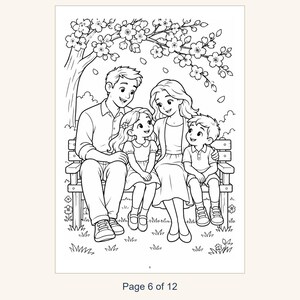May include: A black and white line art coloring page illustration featuring a family of four sitting together on a wooden park bench under a large flowering tree. The parents and two children are smiling, with the number 6 at the bottom.