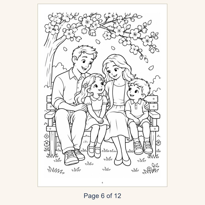May include: A black and white line art coloring page illustration featuring a family of four sitting together on a wooden park bench under a large flowering tree. The parents and two children are smiling, with the number 6 at the bottom.