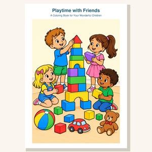 May include: A coloring book titled Playtime with Friends: A Coloring Book for Your Wonderful Children. The cover features a colorful illustration of four children playing with a tall tower of building blocks, a ball, and a teddy bear.