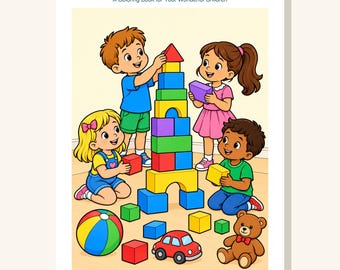 Puede incluir: Un libro para colorear titulado Playtime with Friends: A Coloring Book for Your Wonderful Children. La portada presenta una colorida ilustración de cuatro niños jugando con una torre de bloques, una pelota y un oso de peluche.