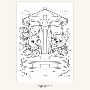 Kids Coloring Book Printable, Cute Animals at the Amusement Park Coloring Pages, 10 Page PDF for Children, Instant Download Kids Activity image 5