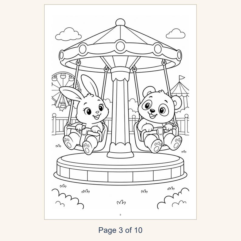 Kids Coloring Book Printable, Cute Animals at the Amusement Park Coloring Pages, 10 Page PDF for Children, Instant Download Kids Activity image 5