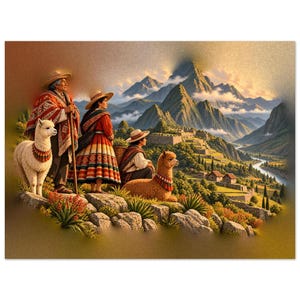 Andenfamilienposter, peruanischer Kunstdruck, Großeltern mit Alpakas in den Anden Bild 1