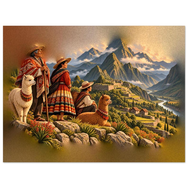 Andenfamilienposter, peruanischer Kunstdruck, Großeltern mit Alpakas in den Anden Bild 1
