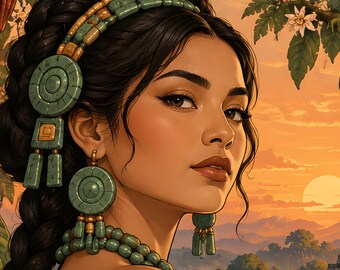Fine Art Giclée Print, Mayan Woman and Toucan at a Sunset Pyramid, Toucan Wall Art, Mayan Art Print, Mexico Guatemala Latin American Art