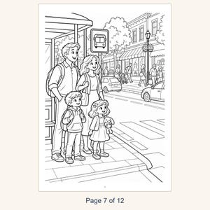 Puede incluir: Una ilustraci&oacute;n en blanco y negro para colorear que muestra a una familia de cuatro personas esperando en una parada de autob&uacute;s urbana. Los padres y dos ni&ntilde;os est&aacute;n en la acera junto a una calle con coches y peatones.