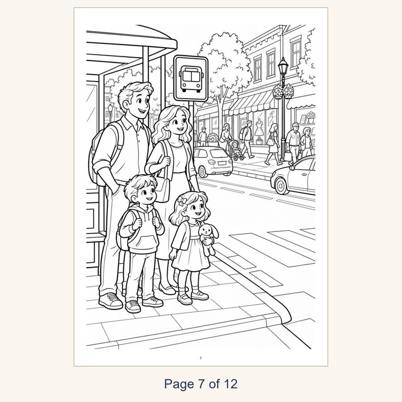 Puede incluir: Una ilustraci&oacute;n en blanco y negro para colorear que muestra a una familia de cuatro personas esperando en una parada de autob&uacute;s urbana. Los padres y dos ni&ntilde;os est&aacute;n en la acera junto a una calle con coches y peatones.