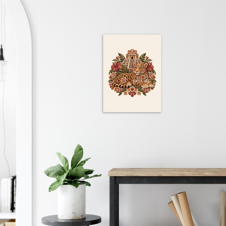 Jaguar and Mayan Pyramid Poster, Mexican Folk Art Print, Jungle Wall Decor image 5