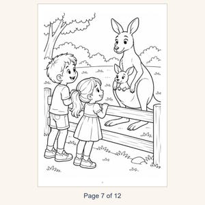 May include: A black and white coloring page illustration featuring a young child and a girl standing by a wooden fence, looking at a large kangaroo with a joey in its pouch. The scene includes trees and bushes in the background.
