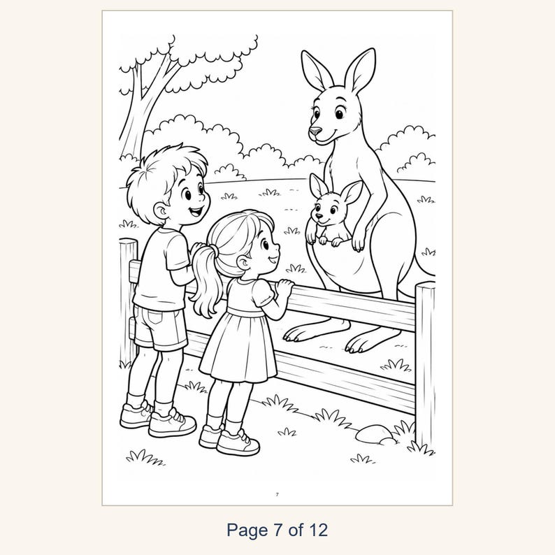 May include: A black and white coloring page illustration featuring a young child and a girl standing by a wooden fence, looking at a large kangaroo with a joey in its pouch. The scene includes trees and bushes in the background.