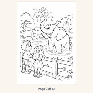 May include: A black and white coloring page featuring a child and a girl standing behind a wooden fence, observing an elephant spraying water from its trunk in a pond. The scene includes a waterfall, rocks, and trees in the background.