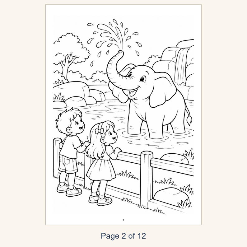 May include: A black and white coloring page featuring a child and a girl standing behind a wooden fence, observing an elephant spraying water from its trunk in a pond. The scene includes a waterfall, rocks, and trees in the background.
