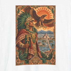 Aztec eagle warrior shirt, Aztec eagle warrior with a golden eagle over Tenochtitlan, front print of the t-shirt.