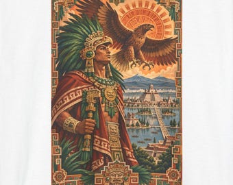 May include: A white t-shirt featuring a detailed graphic print of an Aztec warrior wearing a green feathered headdress and red cloak, holding a staff. An eagle flies above a lake city with pyramids and mountains under a sun disk.