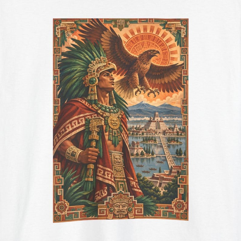 Aztec eagle warrior shirt, Aztec eagle warrior with a golden eagle over Tenochtitlan, front print of the t-shirt.