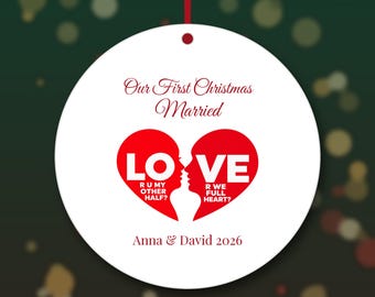 First Christmas Married Ornament 2026, Personalized Names LOVE Heart Ornament, Mr and Mrs Christmas Gift, Newlywed Keepsake for Couples