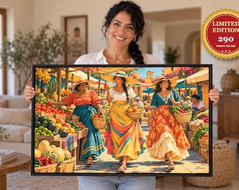 Mexican Market Day Framed Canvas, Oil Painting Style, Three Women in Sun Hats at a Village Fruit Market, Mexican Folk Art Wall Art