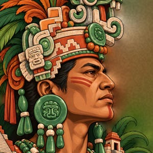 May include: A profile illustration of a person wearing an elaborate headdress with orange and green feathers, stone-like carvings, and circular jade-colored ornaments. The person has red facial markings and large circular green earrings.