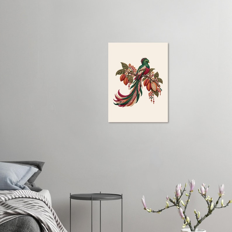 Resplendent Quetzal Poster, Guatemala Folk Art Print, Bird and Cacao Wall Decor image 9