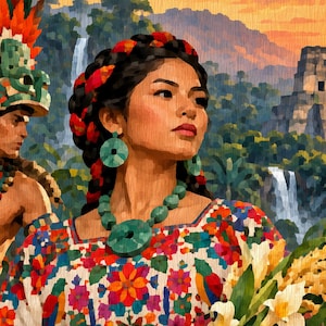 May include: A digital painting of a person with dark braided hair adorned with red ribbons, wearing a white blouse with colorful floral embroidery, a large green stone necklace, and matching earrings, set against a backdrop of ancient ruins.