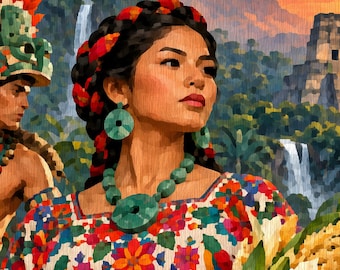 Mayan Oil Painting Canvas, Jaguar Warrior and Maya Woman with Quetzal, Large Square Guatemala Wall Art, Latin American Art