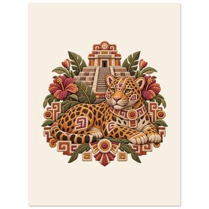 Jaguar and Mayan Pyramid Poster, Mexican Folk Art Print, Jungle Wall Decor image 1