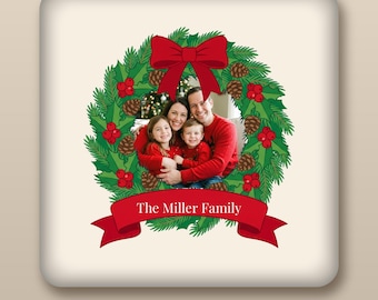 Custom Family Photo Pillow, Personalized Christmas Wreath Pillow with Family Name, Holiday Throw Pillow, Cozy Gift for Grandparents