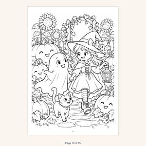 May include: A black and white coloring page illustration featuring a young witch in a hat and cape holding a lantern, walking with a ghost and a cat through a garden with sunflowers, pumpkins, and a stone path. The number 10 is at the bottom.