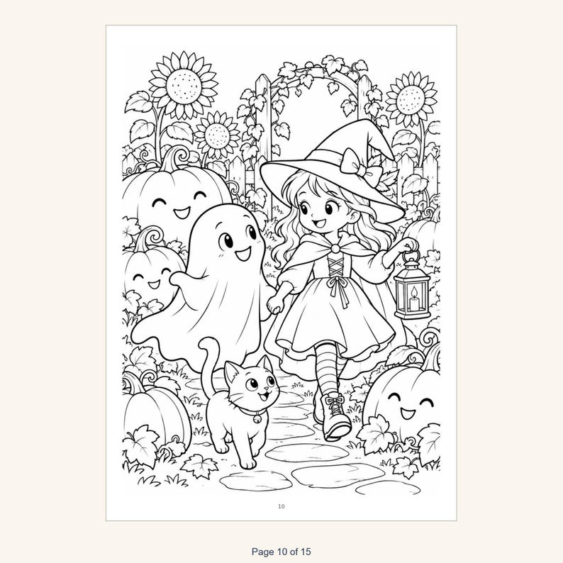 May include: A black and white coloring page illustration featuring a young witch in a hat and cape holding a lantern, walking with a ghost and a cat through a garden with sunflowers, pumpkins, and a stone path. The number 10 is at the bottom.