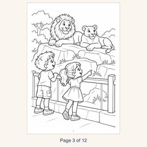May include: A black and white coloring page featuring a male lion and a lioness resting on a rocky ledge. Below them, a child with short hair and a child with a ponytail stand behind a glass barrier, looking up and pointing at the lions.
