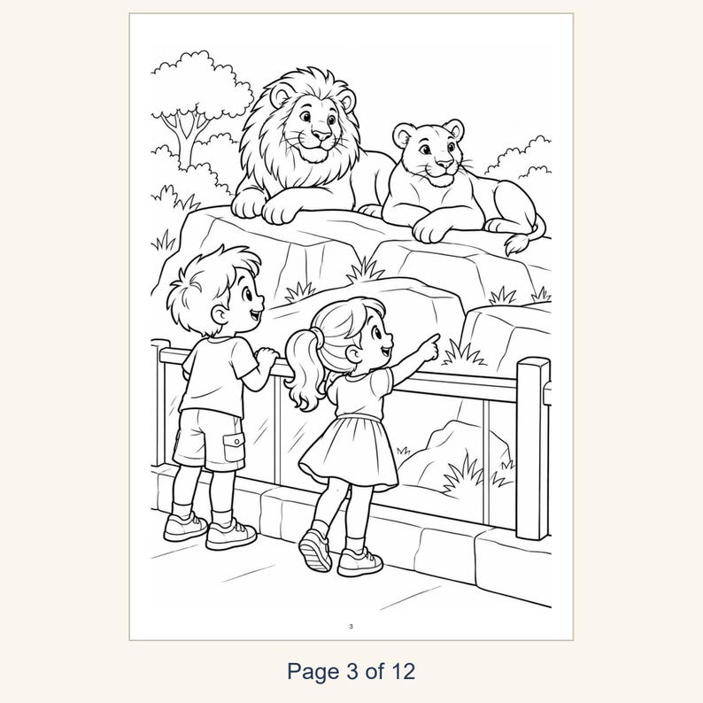 May include: A black and white coloring page featuring a male lion and a lioness resting on a rocky ledge. Below them, a child with short hair and a child with a ponytail stand behind a glass barrier, looking up and pointing at the lions.